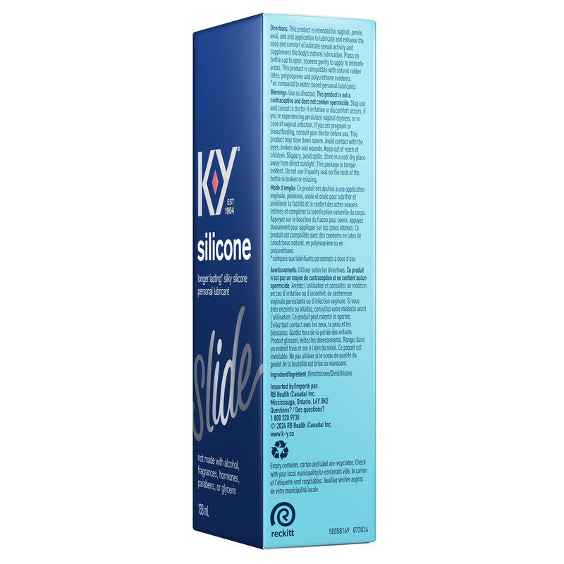 Tilted right and front side of K-Y Lubricant - Silicone box/Le gel Durex Intense Orgasmic vu de côté.