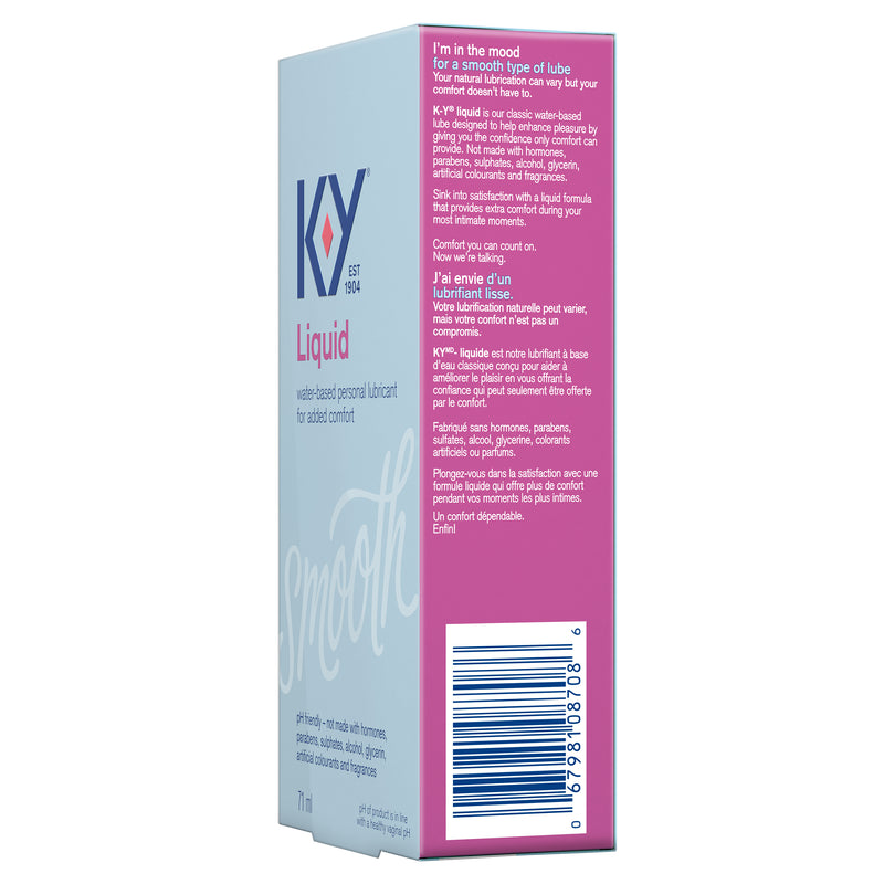 Tilted right and front sides of K-Y Lubricant - Liquid box/Côtés droit et avant d’une boîte de lubrifiant K-Y — Liquide