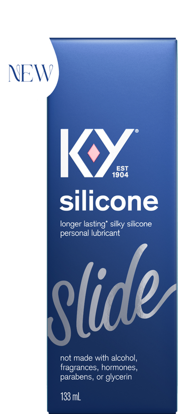 The front of K-Y Lubricant - Silicone box with a ‘NEW’ icon