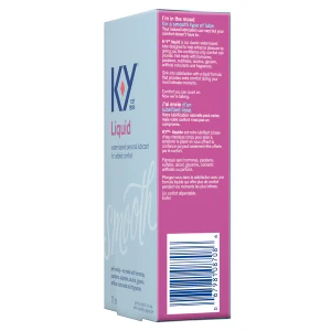 Tilted right and front sides of K-Y Lubricant - Liquid box/Côtés droit et avant d’une boîte de lubrifiant K-Y — Liquide